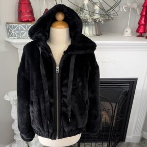 Free People We The Free Black Faux Fur Hooded Jacket Size XS